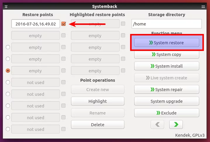 Choose restore point in Systemback interface