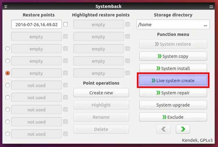Choose Live system create option in Systemback interface