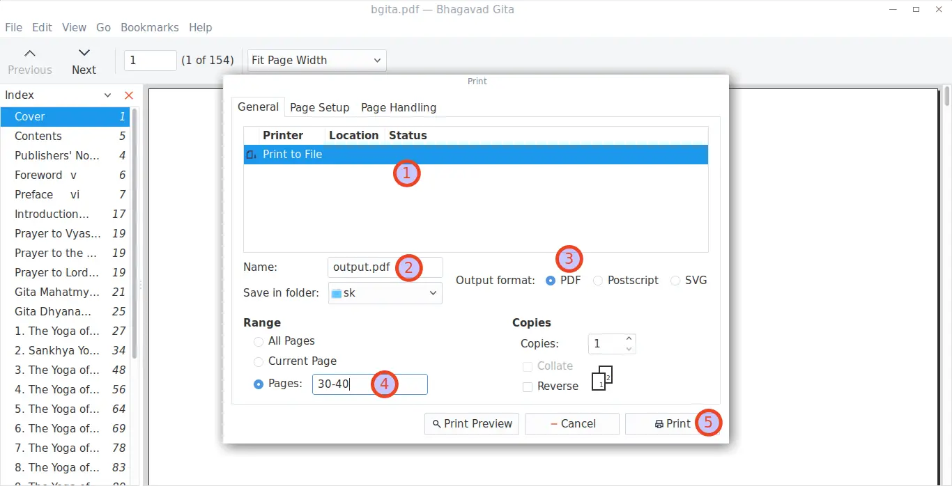 Extract particular pages from PDF file using default PDF reader application