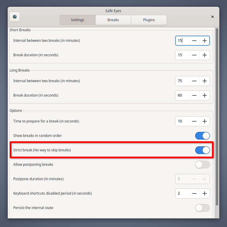 Enable Strict Breaks in Safe Eyes Settings Enable Strict Breaks in Safe Eyes Settings
