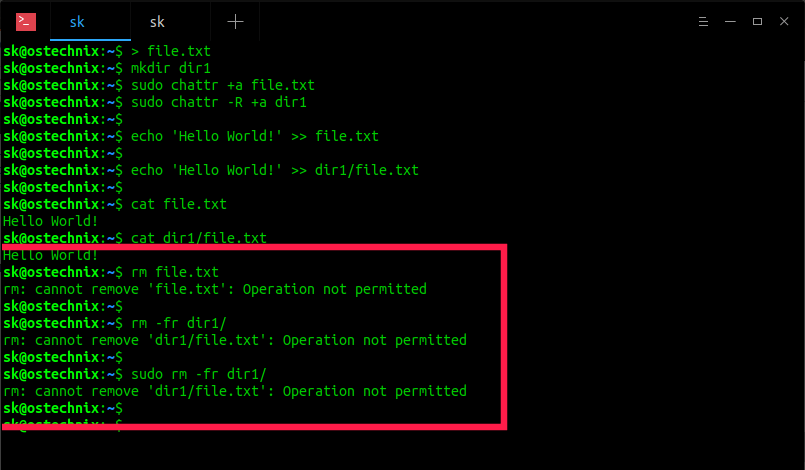 Prevent files and folders from accidental deletion, but allow append operation in Linux