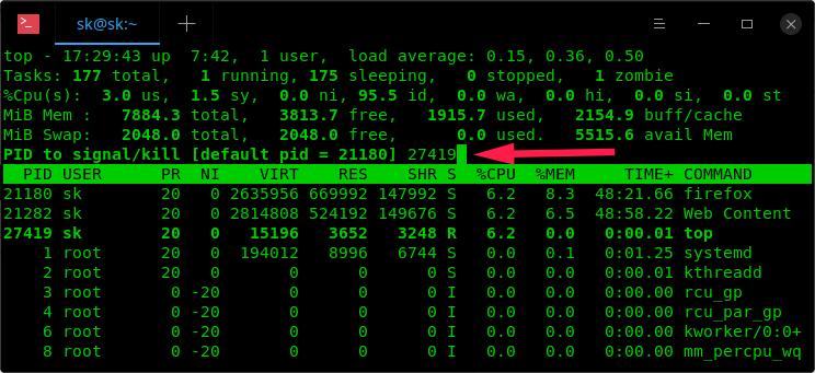 Kill running processes using top command