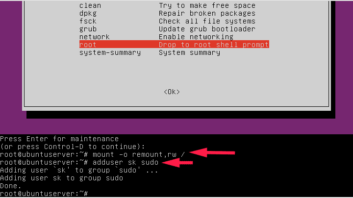 Restaurar los permisos de sudo para un usuario desde el modo de recuperación de Ubuntu