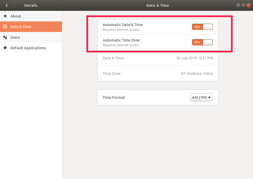 Set automatic time zone in ubuntu