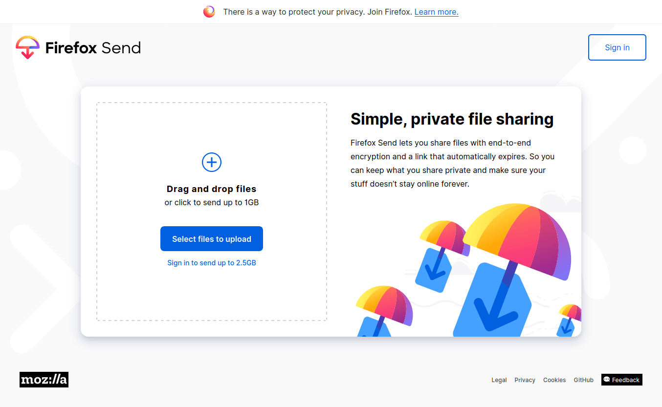 Firefox Send Website Home page