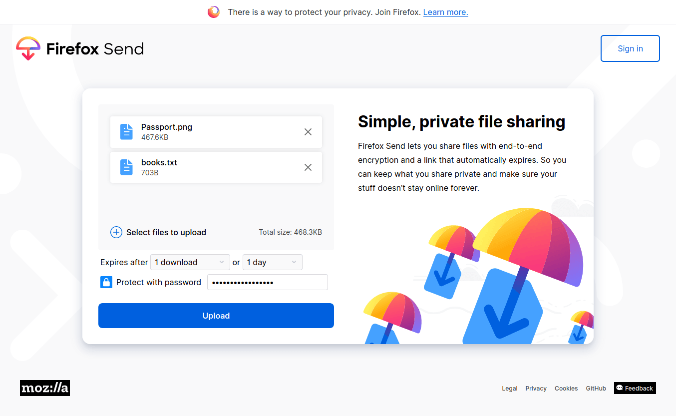 Upload files to Firefox Send