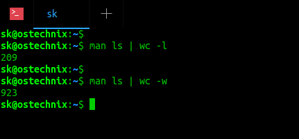 Find number of lines and words in a man page in linux