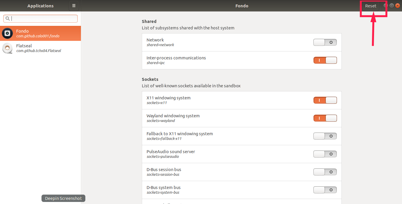 Reset flatpak permissions with Flatseal