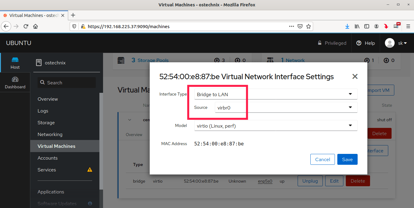 Configure network settings for virtual machine in Cockpit