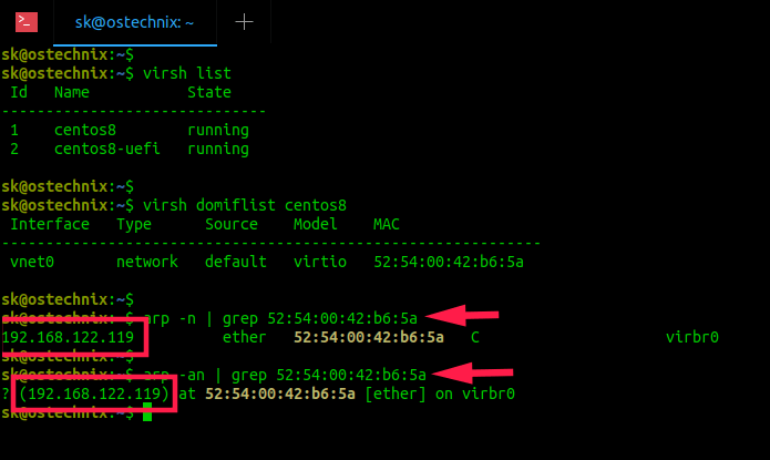 Find the IP address of KVM virtual machines using arp command