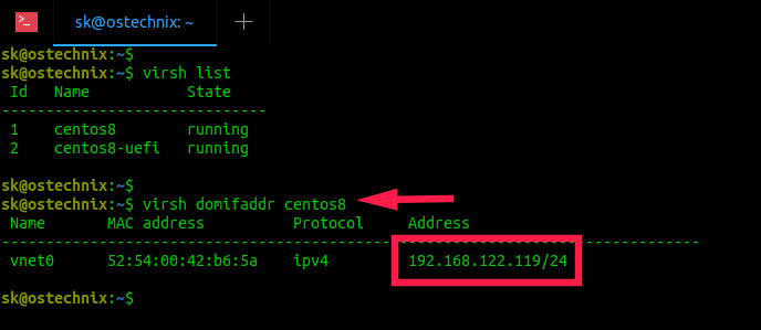 Find the IP address of KVM virtual machines using virsh domifaddr command