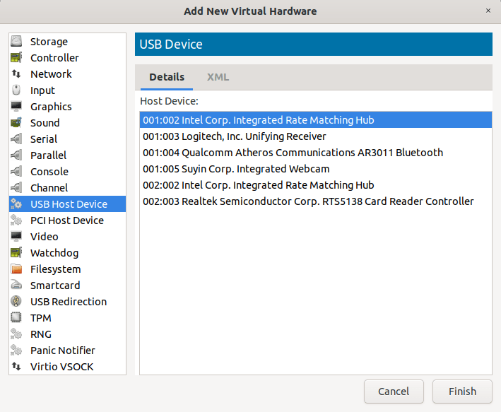 Seleccione el hardware virtual que se conectará al invitado KVM