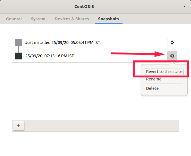 Restore snapshot in Gnome Boxes