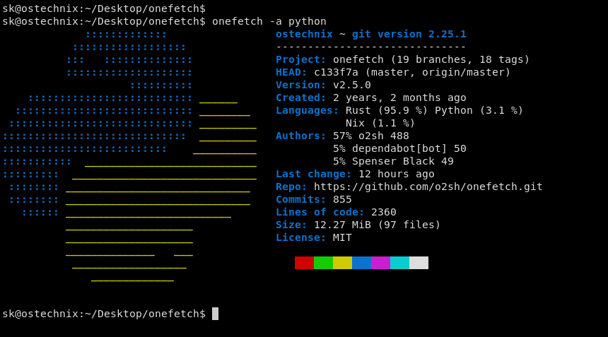 Get Git repository summary using onefetch with different language ASCII art