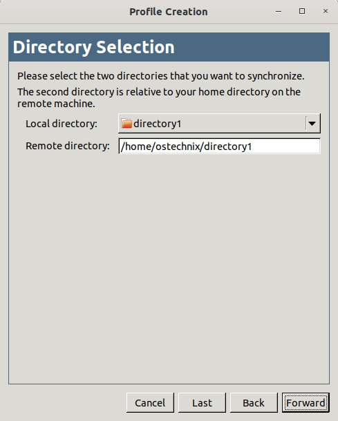 Select local and remote directories to sync with Unison