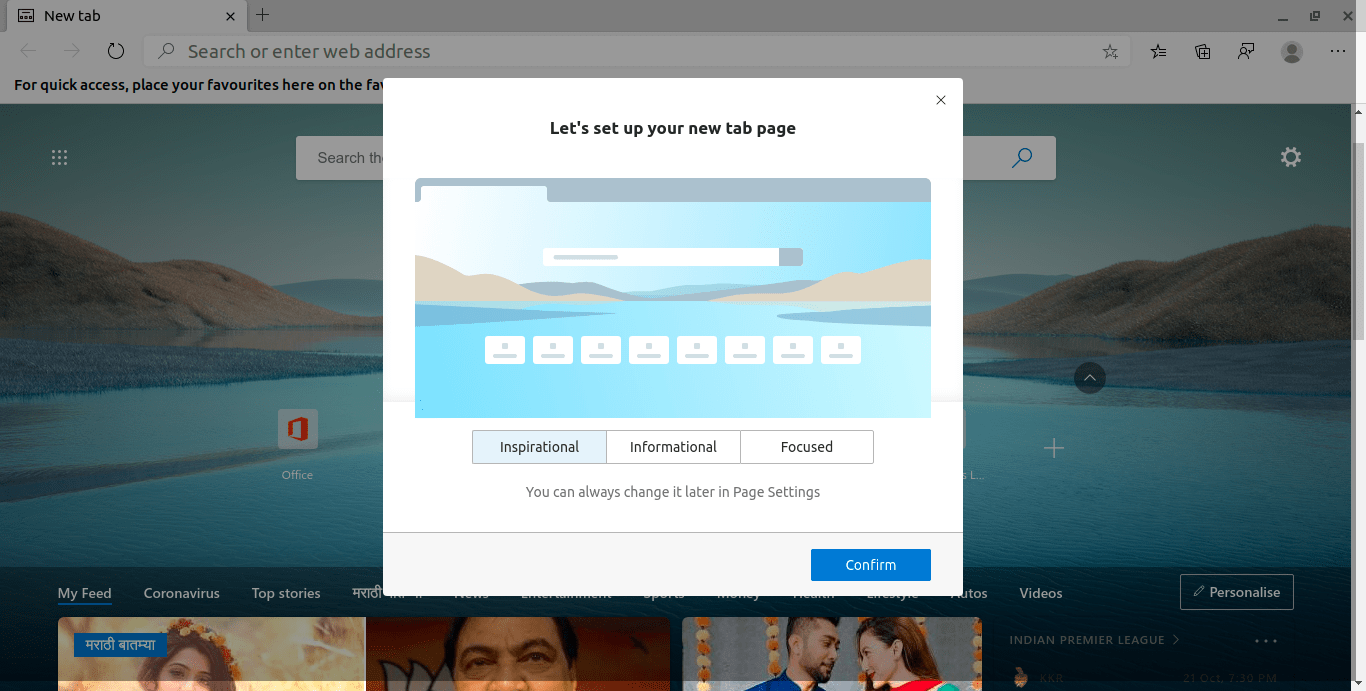 Setup new tab page in Edge browser