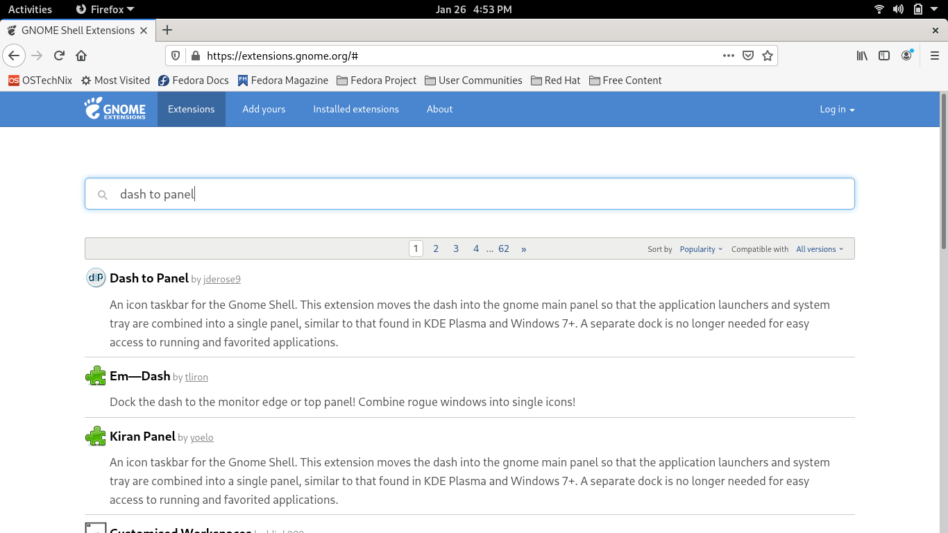 En el sitio web de Gnome Extensions, busque la extensión Dash-to-Panel