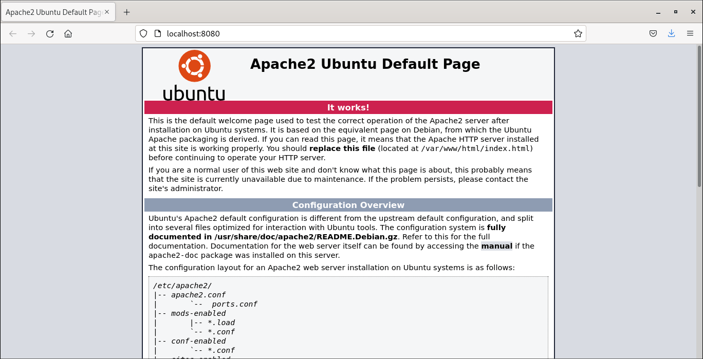Apache web server test page running inside Container