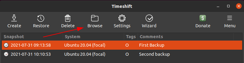 Browse backups in Timeshift