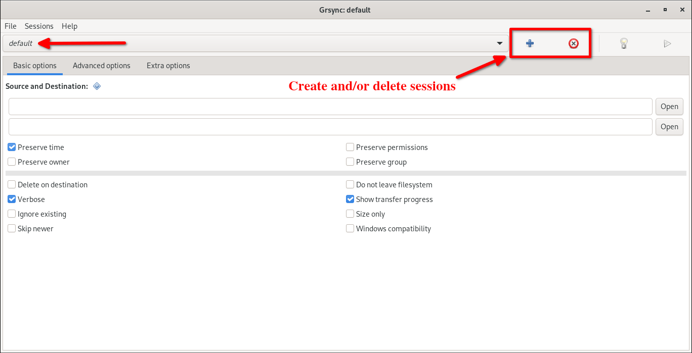 Create, delete sessions in Grsync