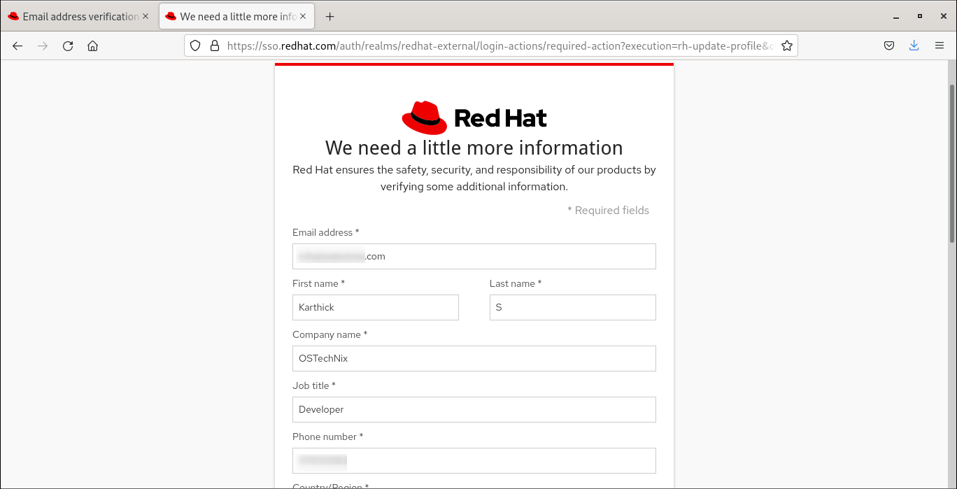 zadejte podrobnosti o uživatelském účtu Redhat