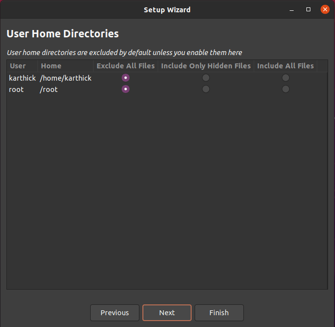 Exclude User Home directories in Timeshift
