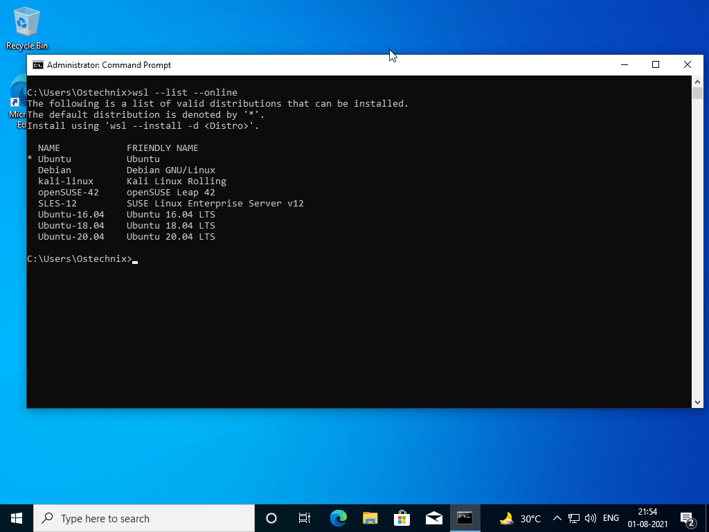 List available Linux distributions in WSL