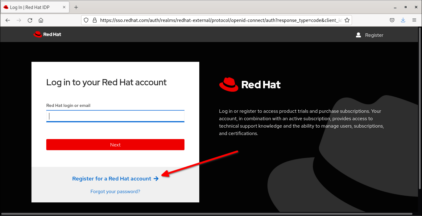 Registrati per l'account Red hat