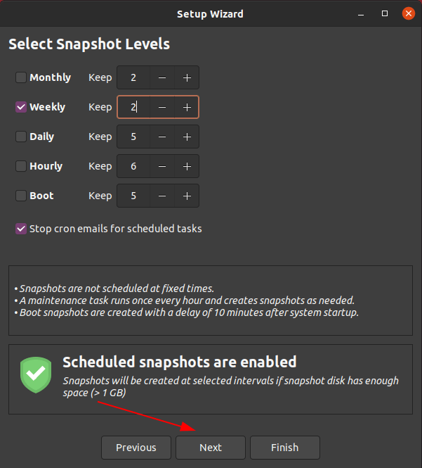 Select Snapshot levels in Timeshift