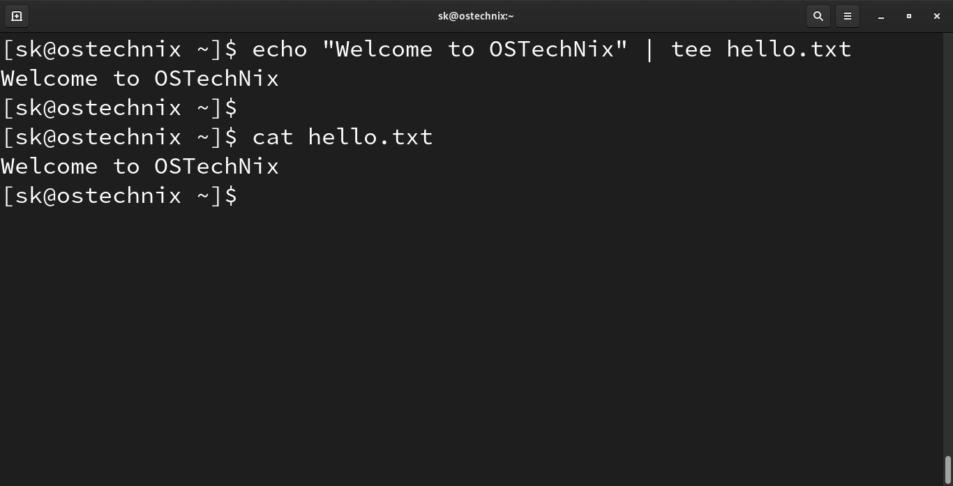Tee command usage example in Linux