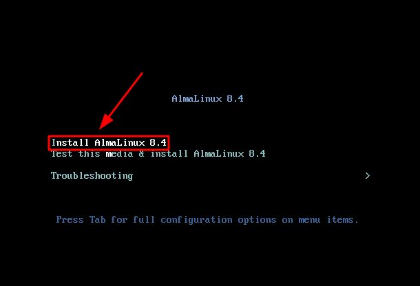 Choose "install AlmaLinux 8.4" option