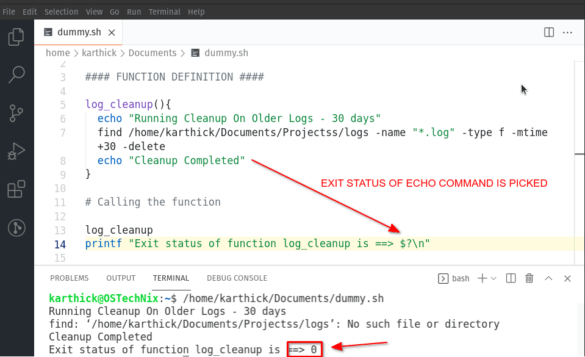 bash assignment return status