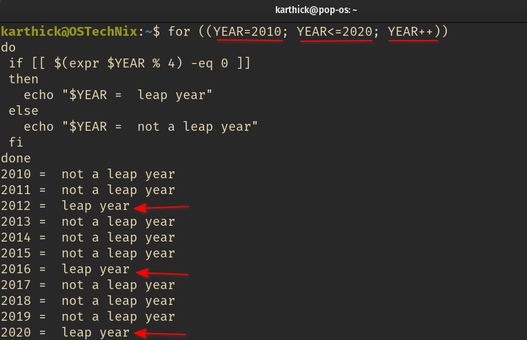Find leap year with for loop statement