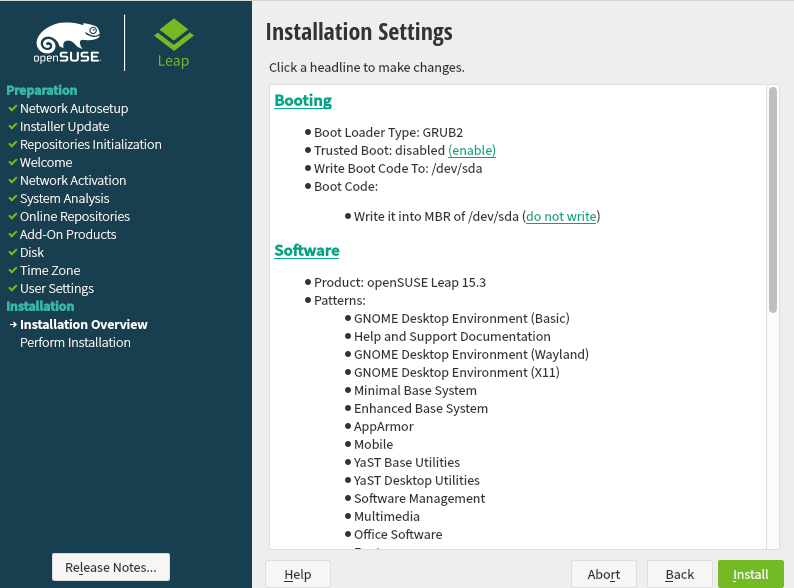 Resumen de la instalación de openSUSE