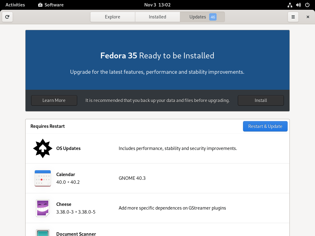 Haga clic en el botón Instalar para iniciar la actualización de Fedora