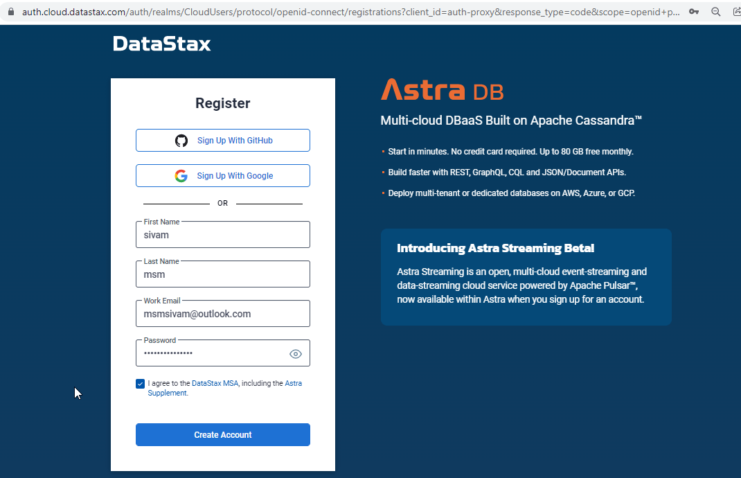Astra DB Sign Up