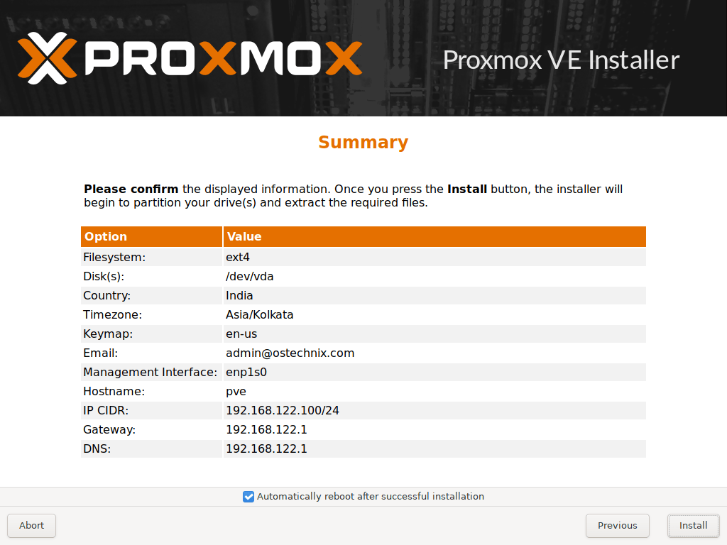 Resumo da instalação do Proxmox