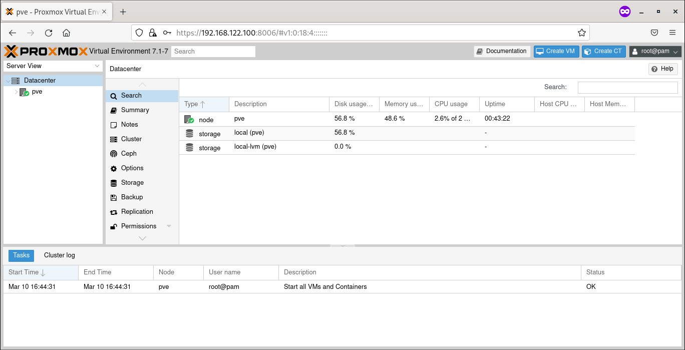 Interface web Proxmox