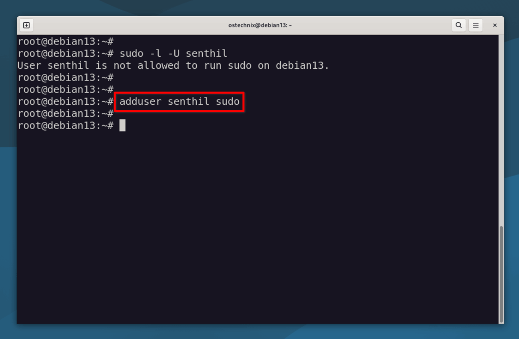 Grant Sudo Privileges to a User in Debian 13