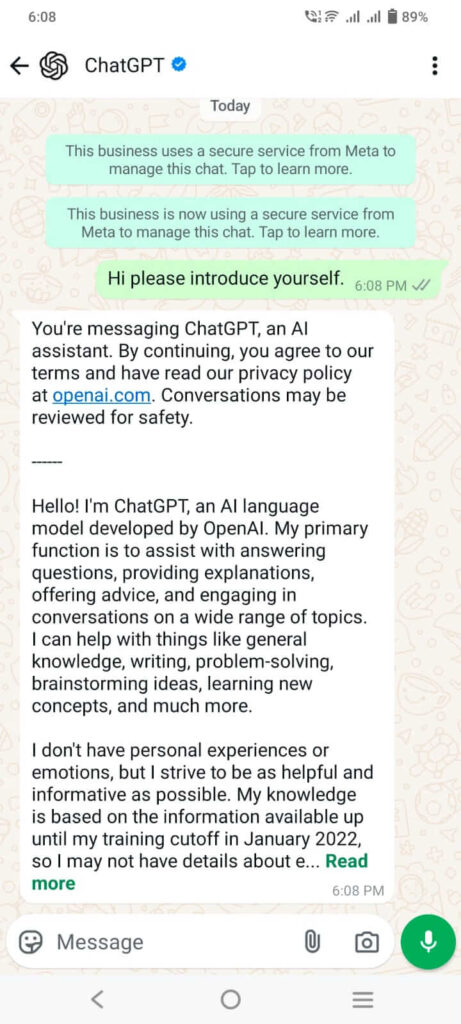 Use ChatGPT on WhatsApp Use ChatGPT on WhatsApp