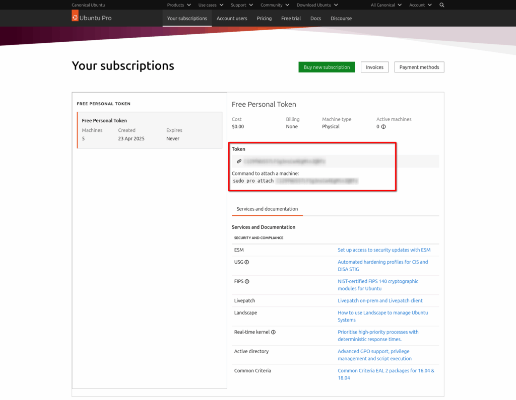 Subscriptions Section in Ubuntu Pro Dashboard Subscriptions Section in Ubuntu Pro Dashboard