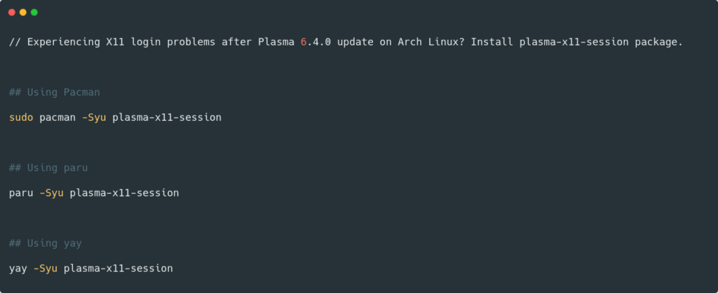 Install plasma-x11-session to Fix Plasma 6.4 X11 Login Issue in Arch Linux