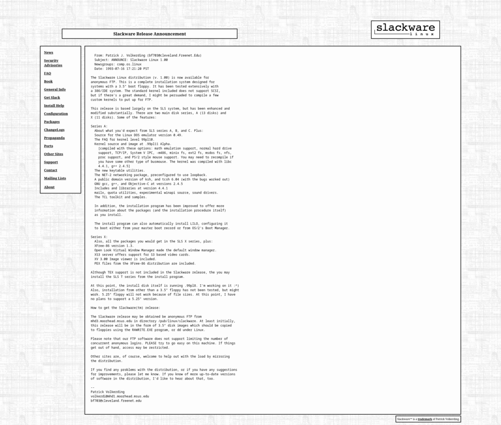 Official Announcement for Slackware Linux 1.00