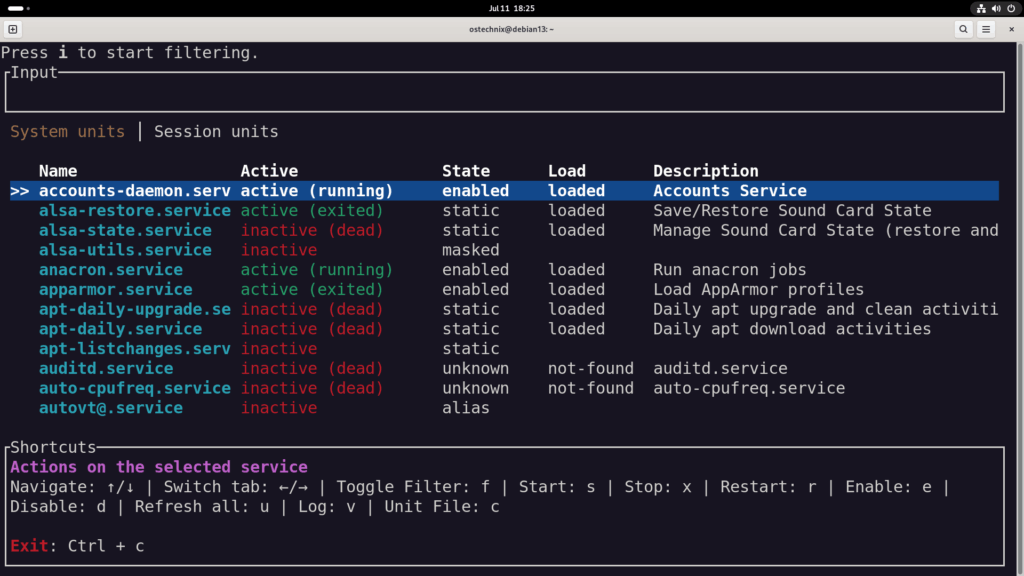 systemd-manager-tui Interface