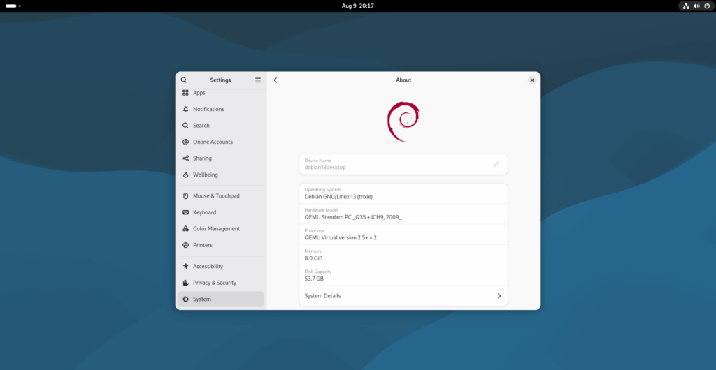 Check Debian 13 Version from GUI Settings Window Check Debian 13 Version from GUI Settings Window