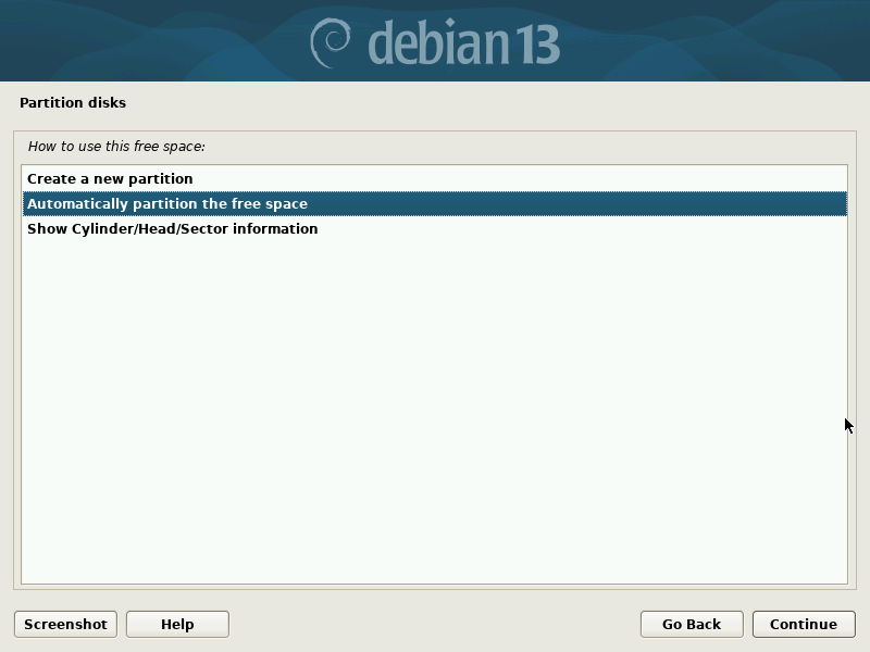 Choose Automatically Partition the Free Space Option Choose Automatically Partition the Free Space Option
