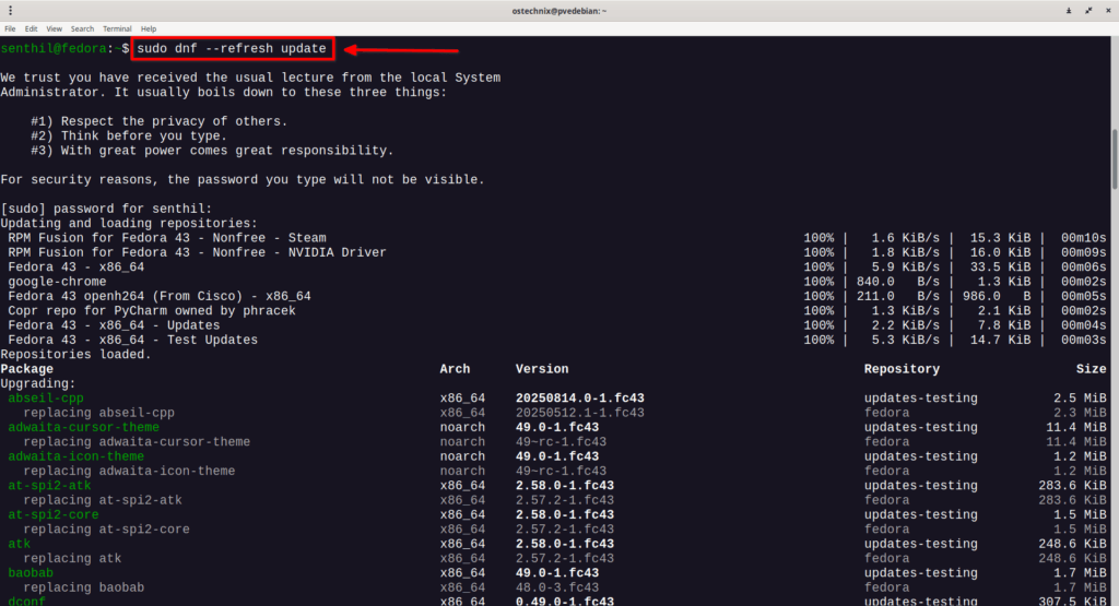 Run Dnf Update Command With Sudo in Fedora Run Dnf Update Command With Sudo in Fedora