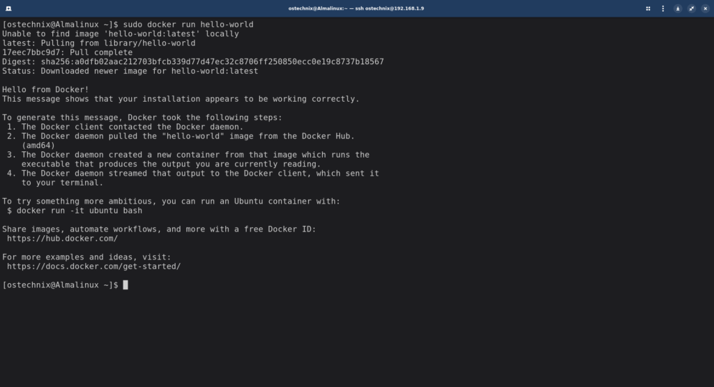 Run Hello World Docker Container In AlmaLinux