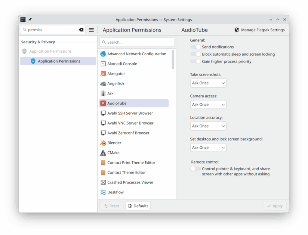 Application Permissions Section in KDE System Settings