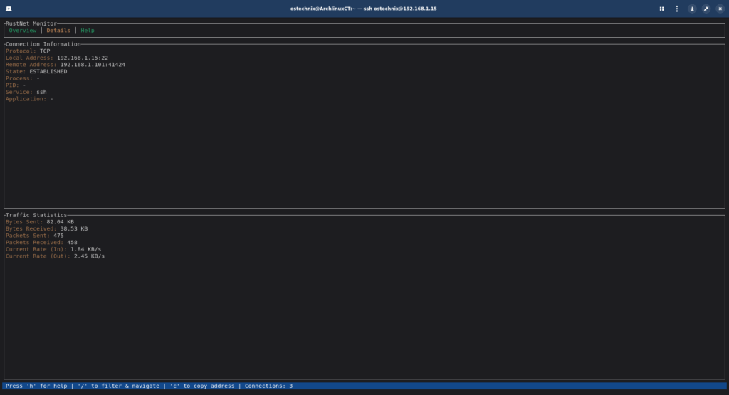 View Network Connection Details in RustNet TUI View Network Connection Details in RustNet TUI